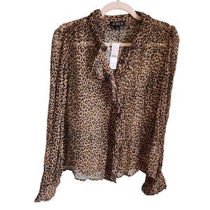 J Crew Shirt 2 Brown Leopard Women's Ruffle Button Up Top Crinkle Chiffon Sheer